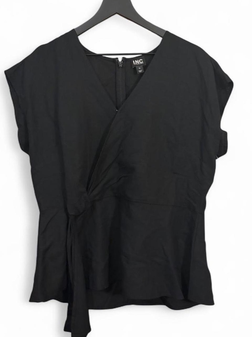 INC International Concepts Black Wrap-Front Cap-Sleeve Top